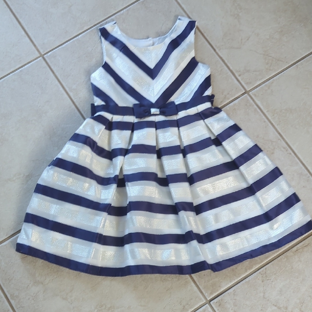 Jona Michelle Navy and White Striped Kids Special Occasion Dress, Girls Size 7